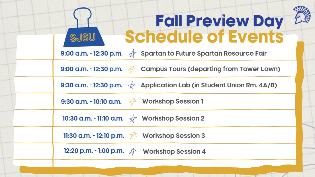 Schedule of Events: Spartan to Future Spartan Resource Fair 9am-12:30pm, Campus Tours 9am-12:30pm, Workshops: Session 1 9:30am-10:10am, Session 2 10:30am-11:10am, Session 3 11:30am-12:10pm, Session 4 12:20pm-1pm