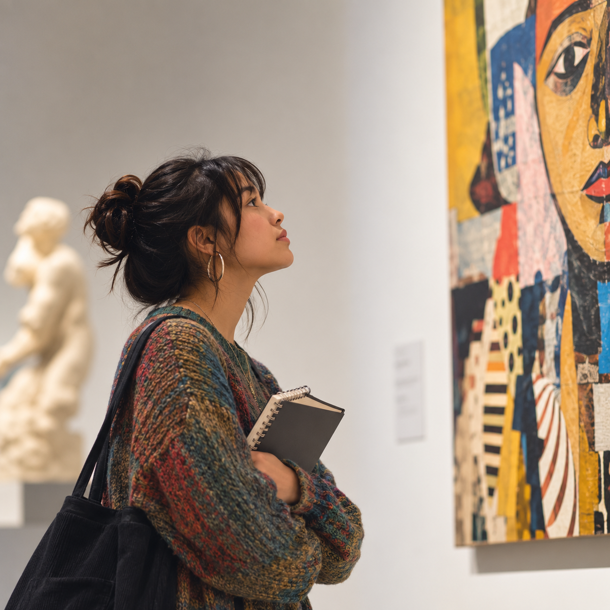 A young woman looks at a painting in a museum, a marble sculpture can be seen in the background.
