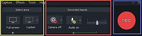 Camtasia Capture window showing Select area, Recorded inputs, and the red rec Record button