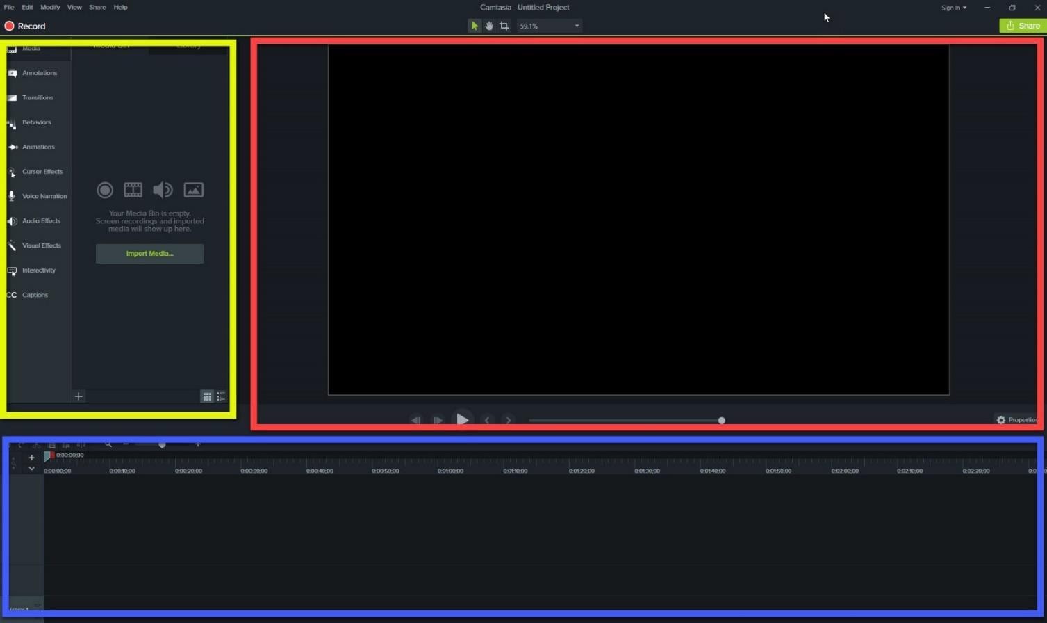 Camtasia Editor window divided into three sections: Clip Bin, Preview Window, and Timeline