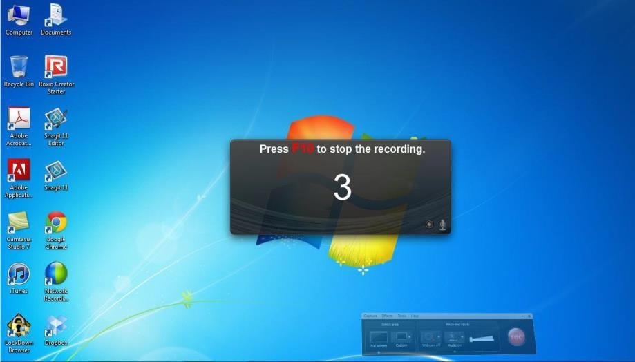 Recording countdown screen showing Press F10 to stop the recording message over the desktop