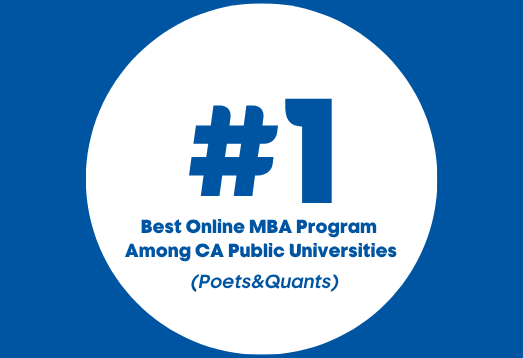 Blue and white badge showcasing that SJSU is ranked the #1 Best Online MBA Program Among CA Public Universities