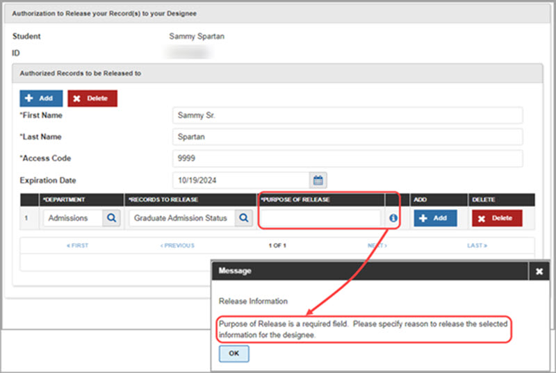 Authorization to Release page showing that a purpose of release must be entered before records can be added.