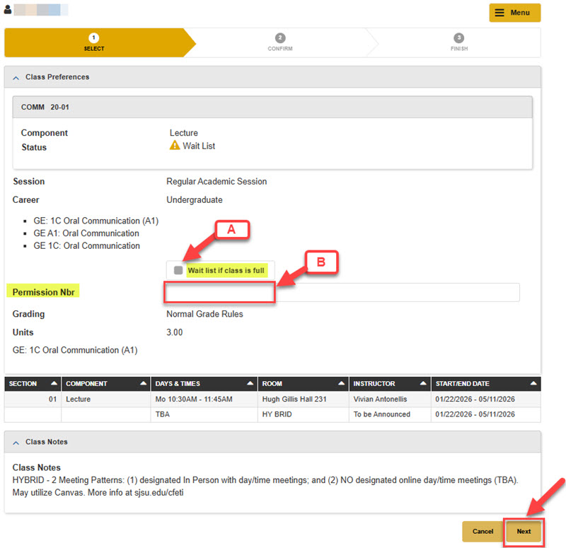 screenshot of waitlist and permission number boxes on MySJSU