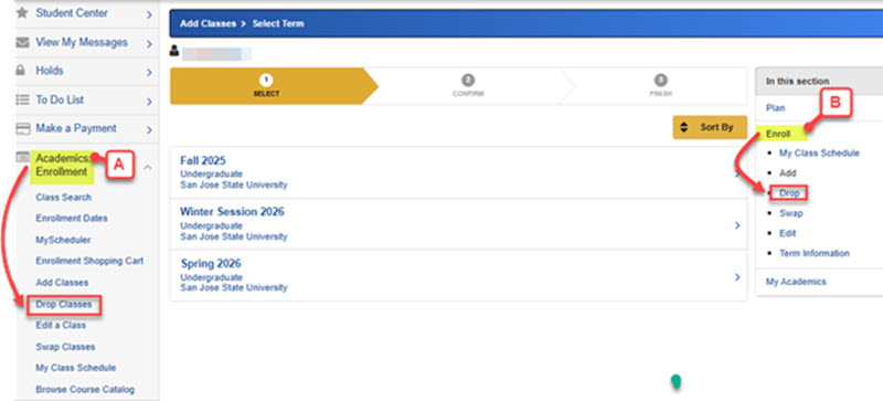 screenshot for dropping a class via MySJSU