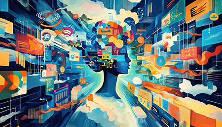 Abstract portrayal of the societal impact of educational technology and online learning, emphasizing innovation in a modern society.