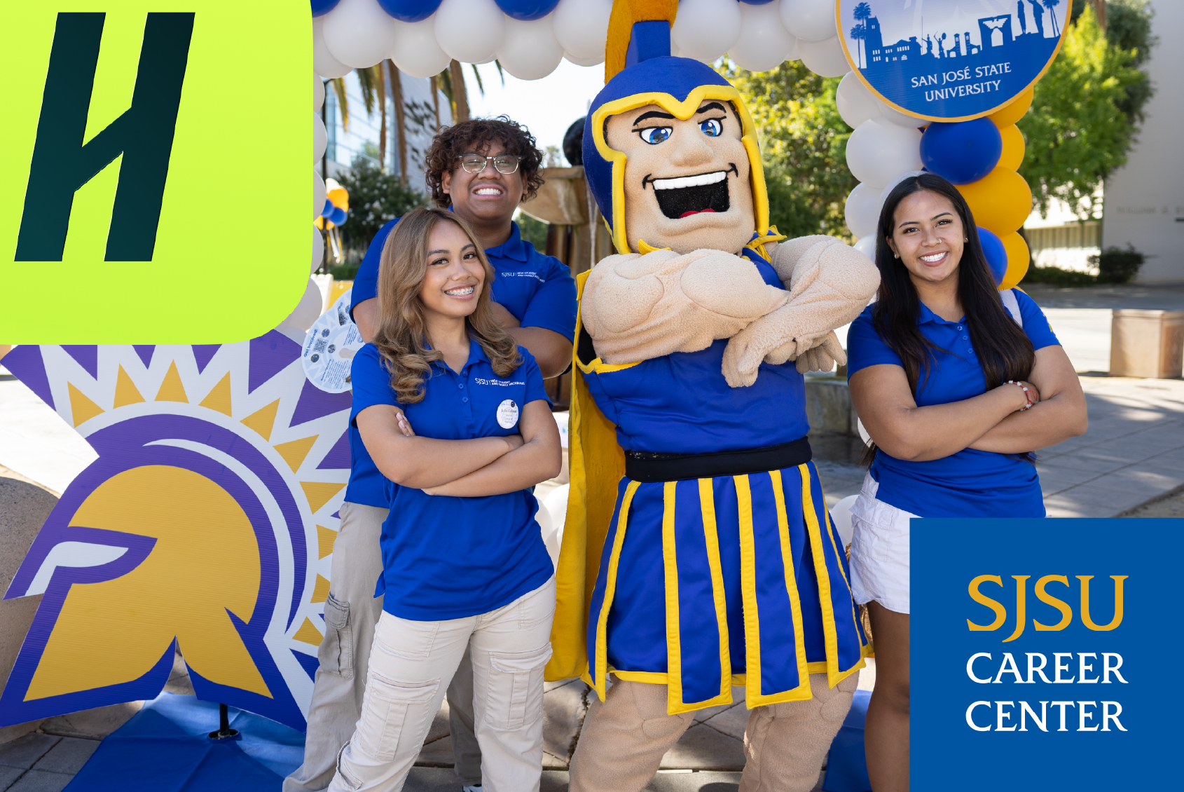Students and Sammy the Spartan with Handshake and Career Center logos overlay
