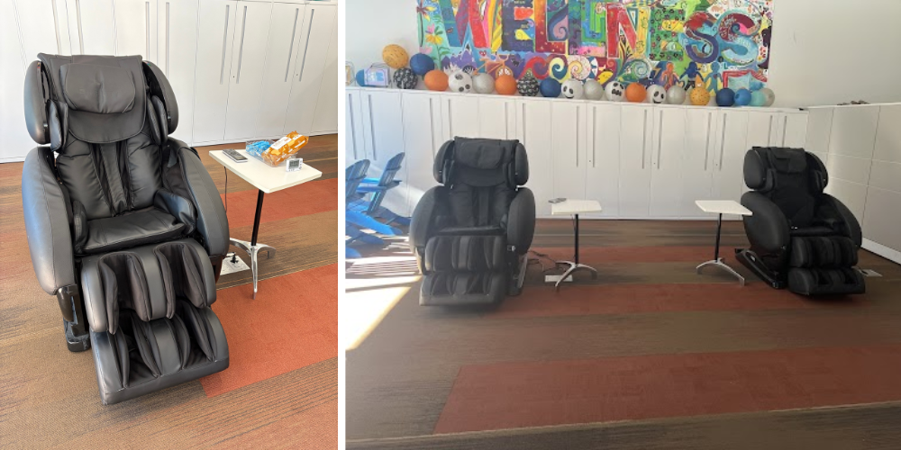 two massage chairs in the Wellness Lounge at the Student Wellness Center