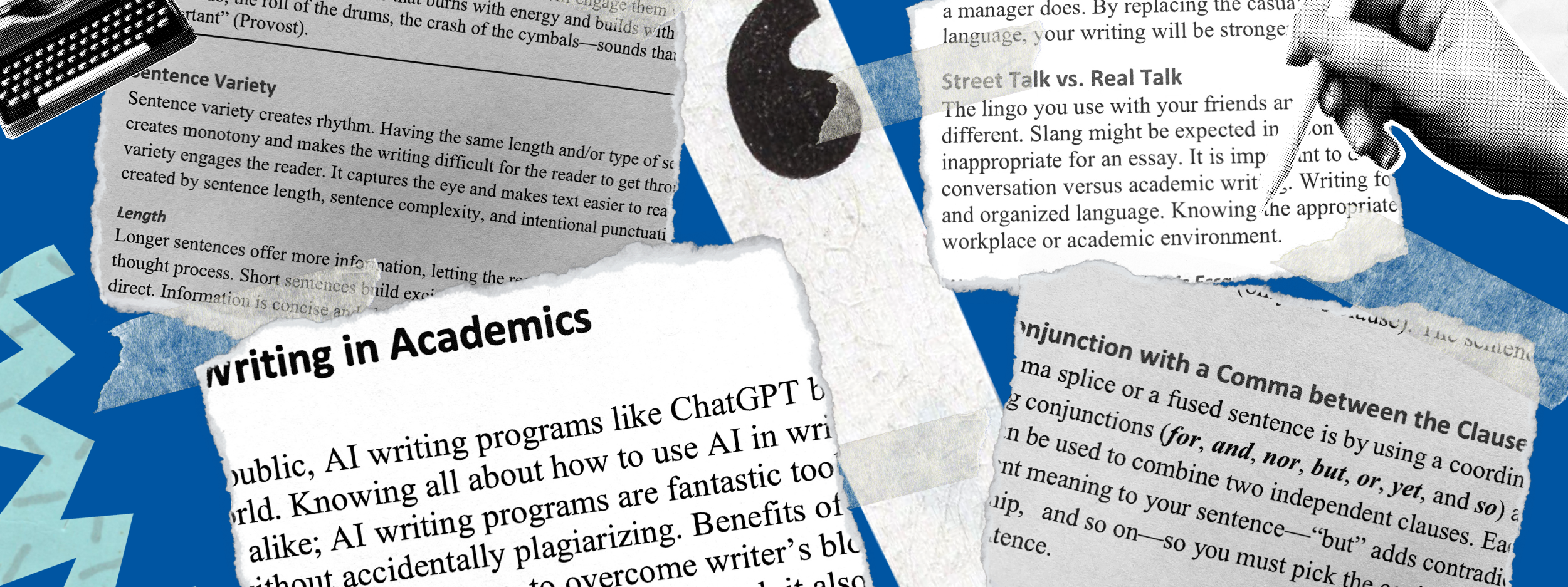 Graphic art of various writing handout text with overlaying writing-related icons